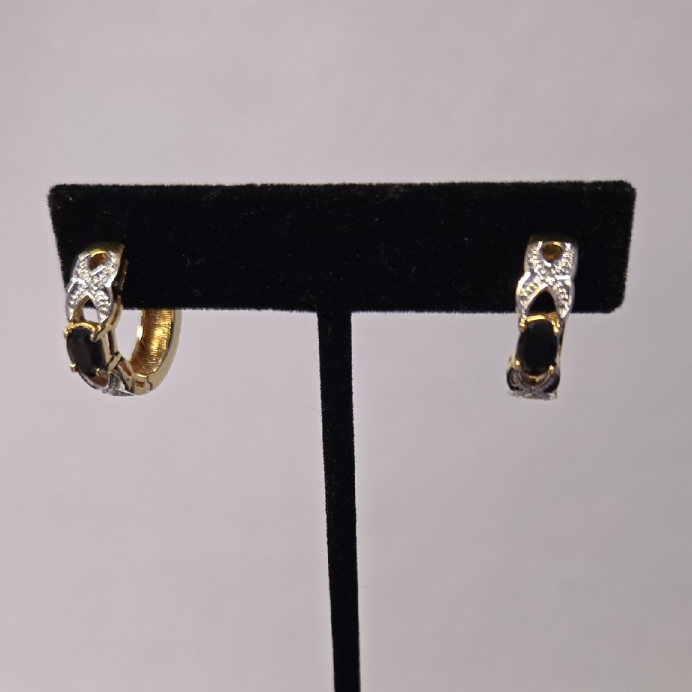 Vtg Gold Plated Hoop Earrings With Midnight Faux Sapphire Blue Stones